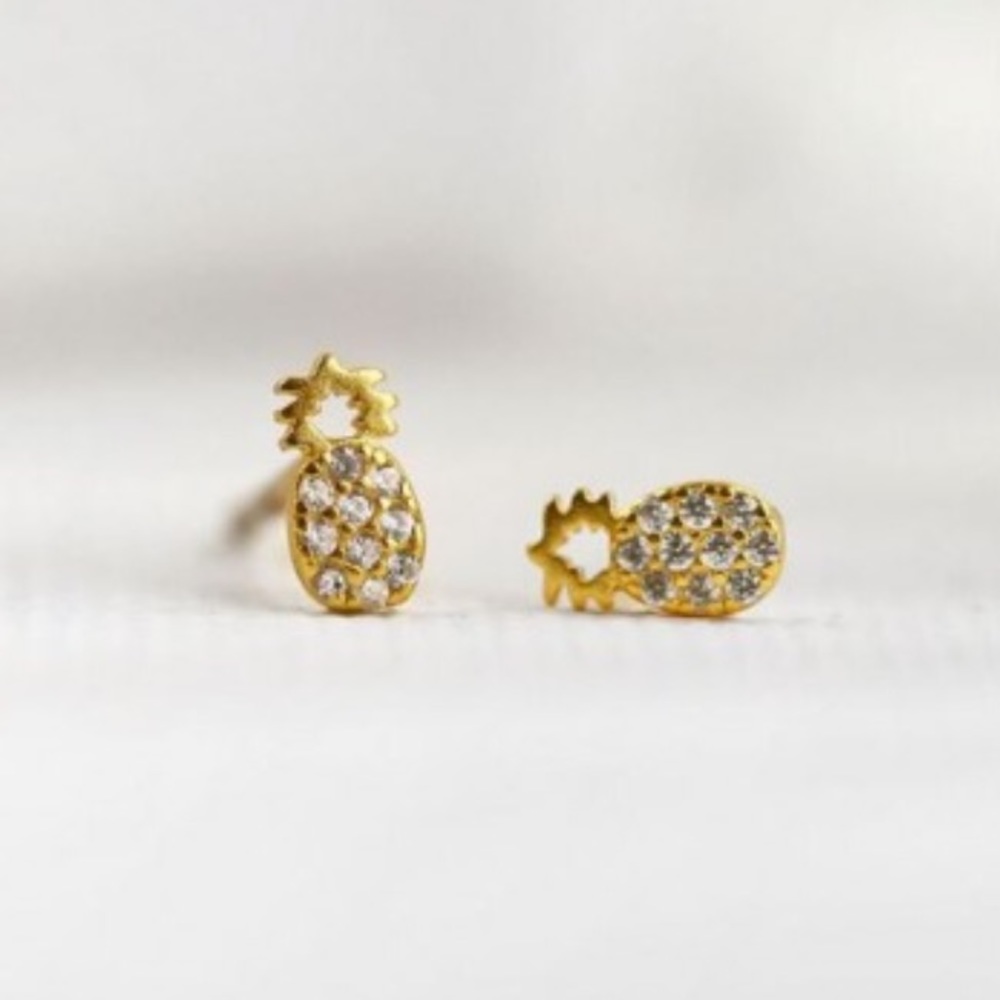 Gold Pineapple Earrings 925 Sterling Silver Studs NEW